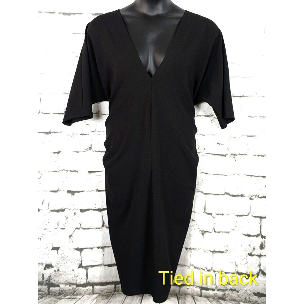 CITY CHIC Black Tie-Waist Deep V-Neck Jersey Knit Midi Dress Date Night Size 18